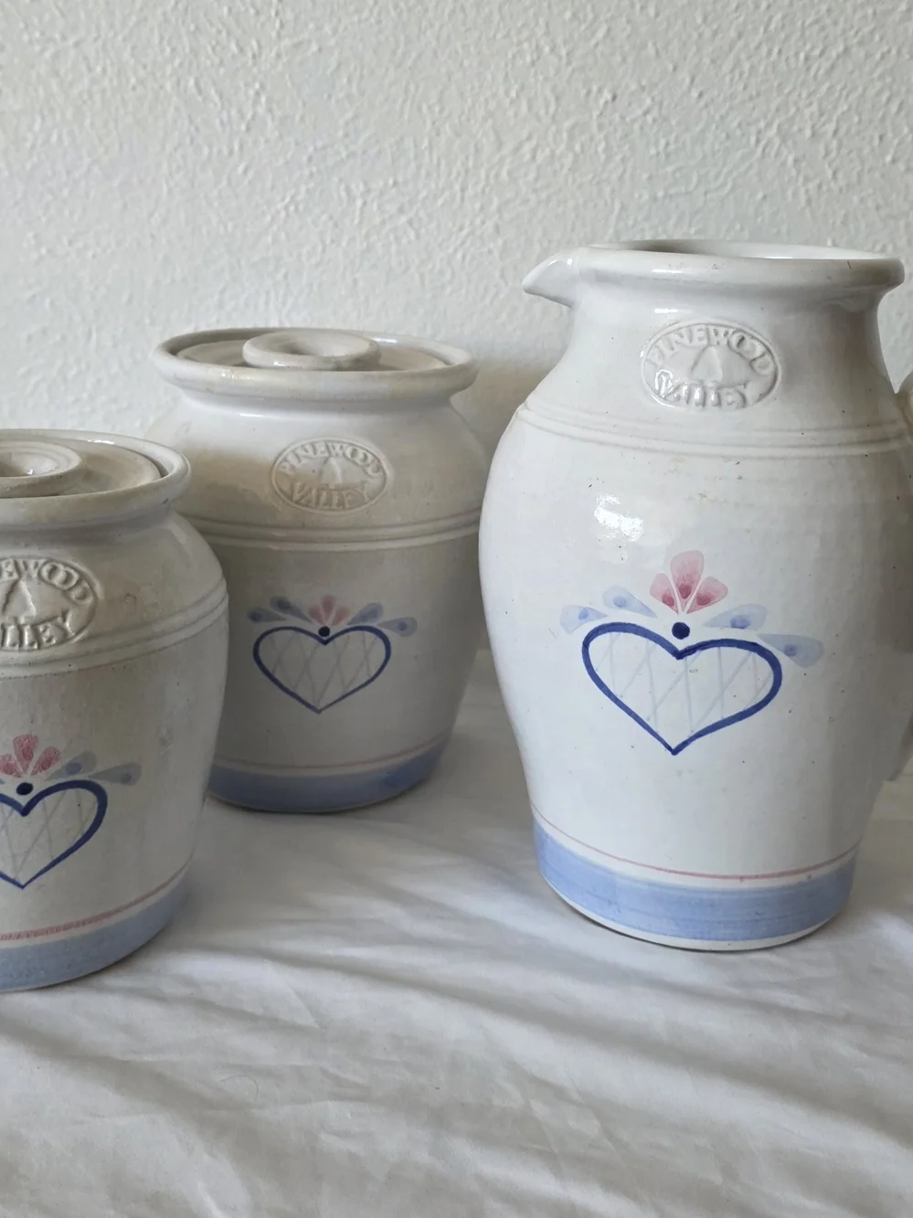 Ceramic Pitcher & Canister Set — White with Blue and Pink Heart Motif